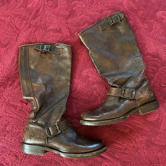 Frye Vintage Tall double-buckle pull-on boots, Dark Brown, size 7 - Picture 1 of 11